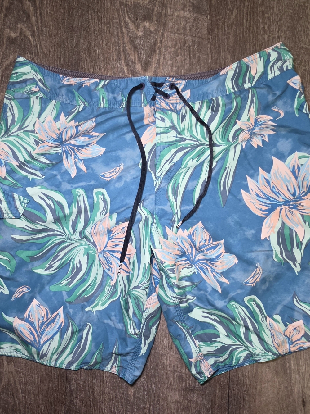 Volcom Blue Floral Swim Trunks with Green and Pink Accents